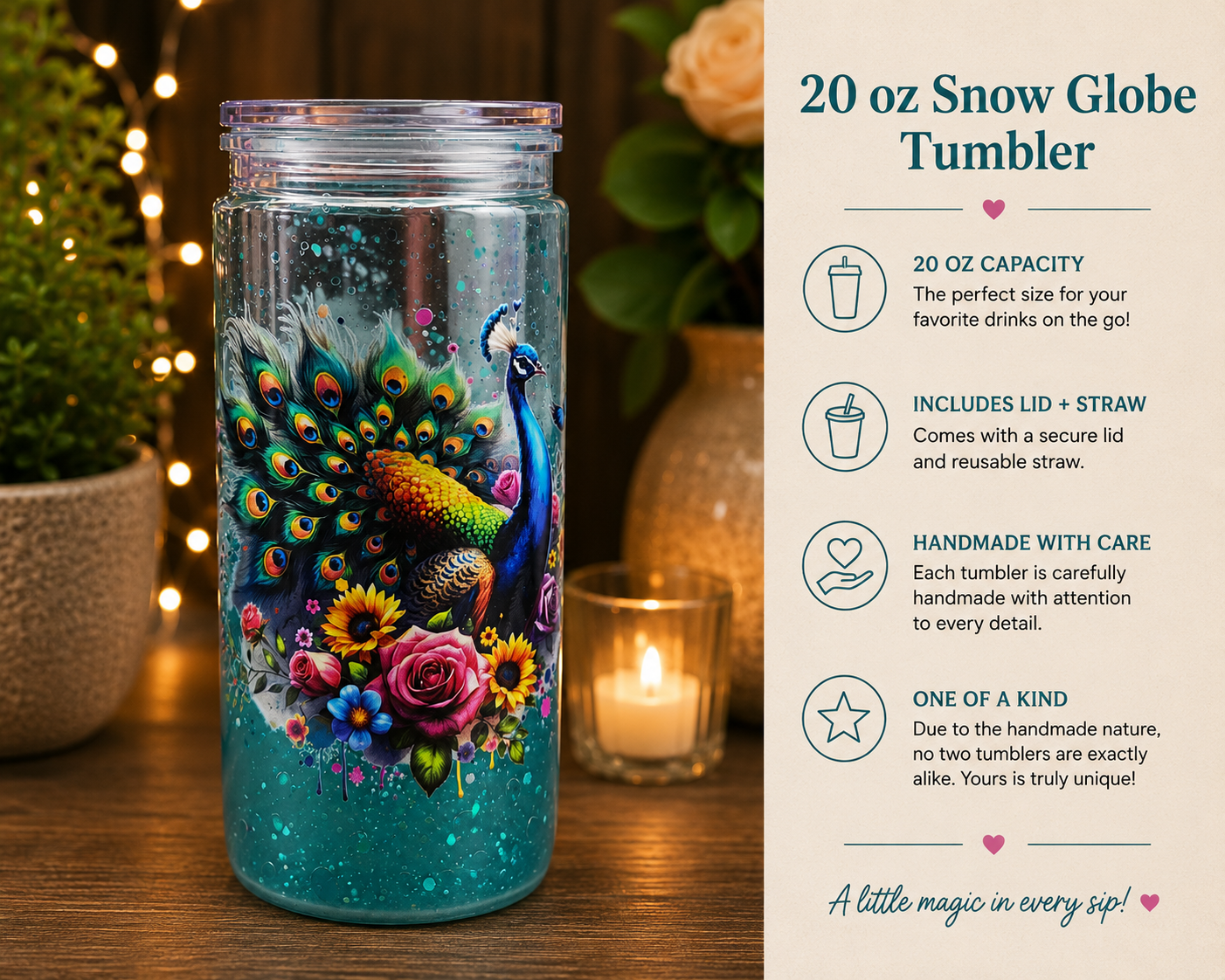 Peacock Bloom Snow Globe Tumbler – 20oz one of a kind