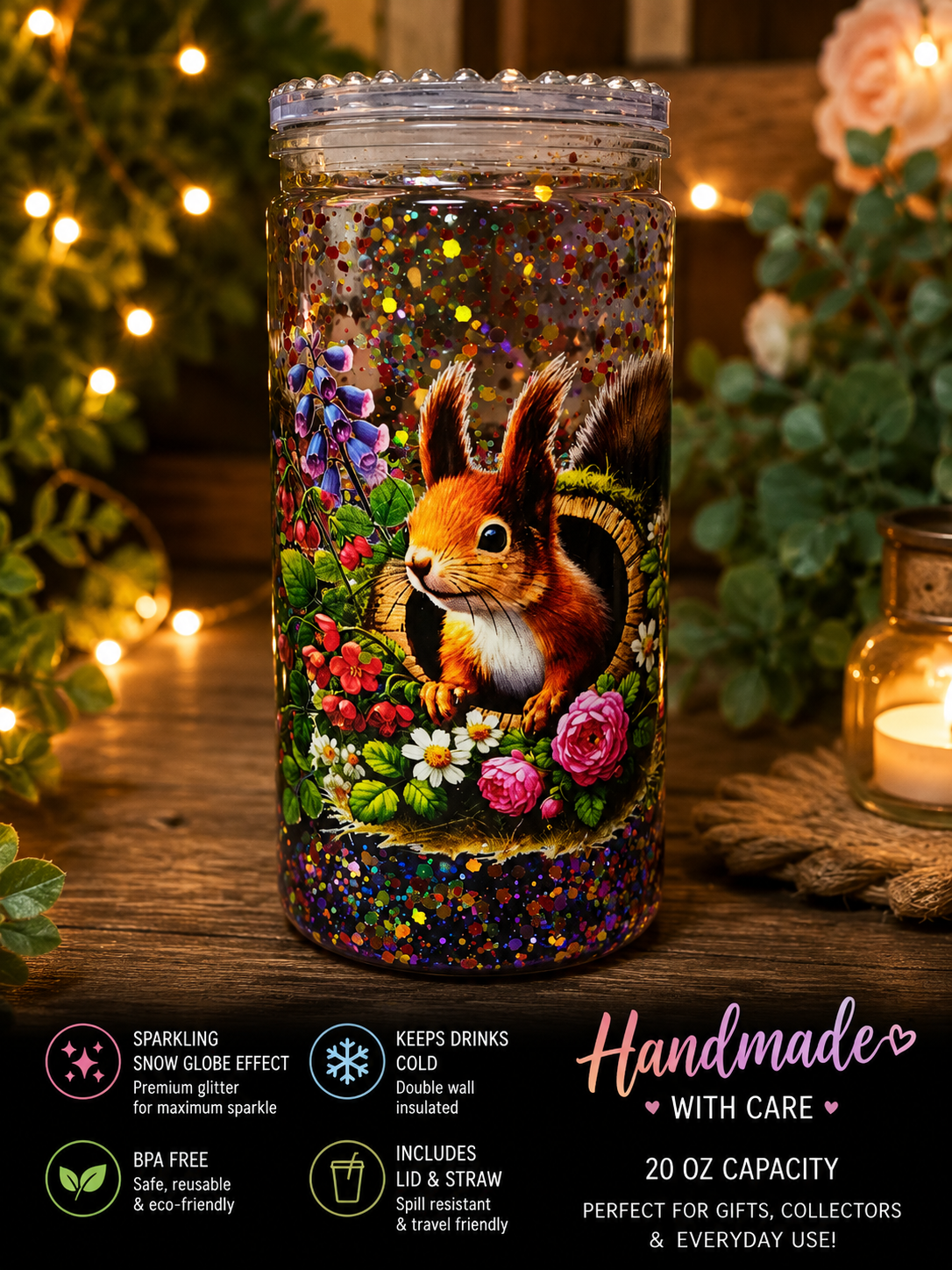Woodland Squirrel Glitter Snow Globe Tumbler – 20oz One of a Kind