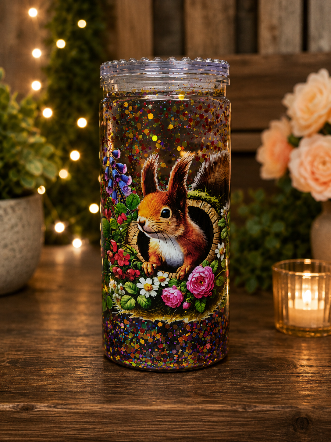 Woodland Squirrel Glitter Snow Globe Tumbler – 20oz One of a Kind