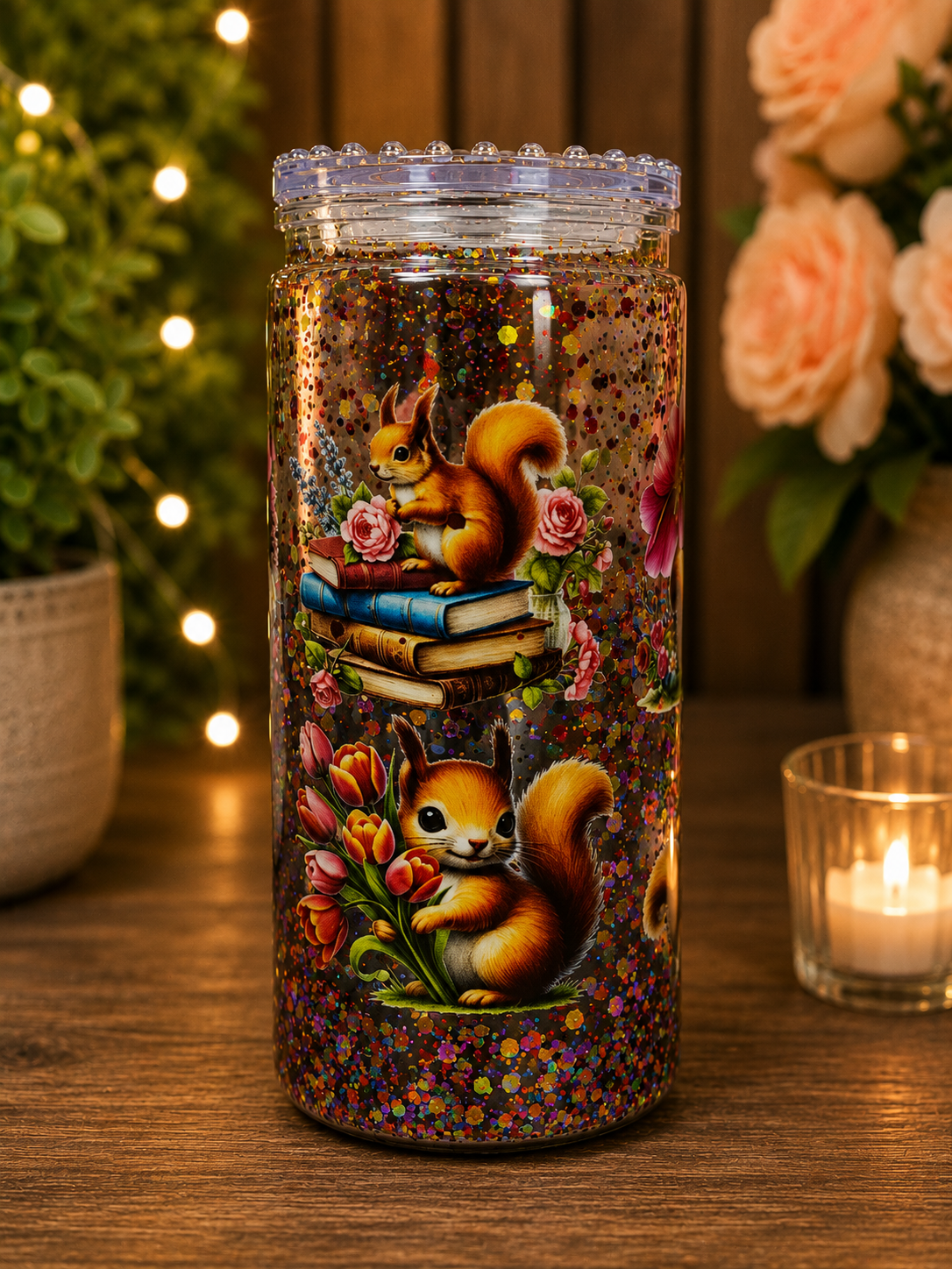 Woodland Squirrel Glitter Snow Globe Tumbler – 20oz One of a Kind