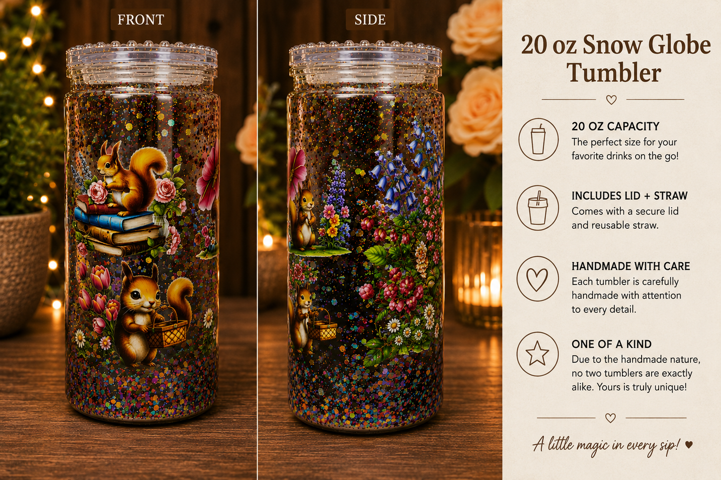 Woodland Squirrel Glitter Snow Globe Tumbler – 20oz One of a Kind