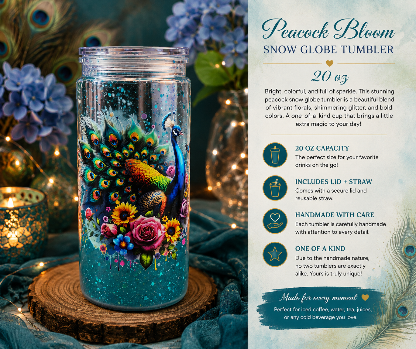 Peacock Bloom Snow Globe Tumbler – 20oz one of a kind
