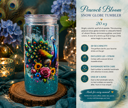 Peacock Bloom Snow Globe Tumbler – 20oz one of a kind