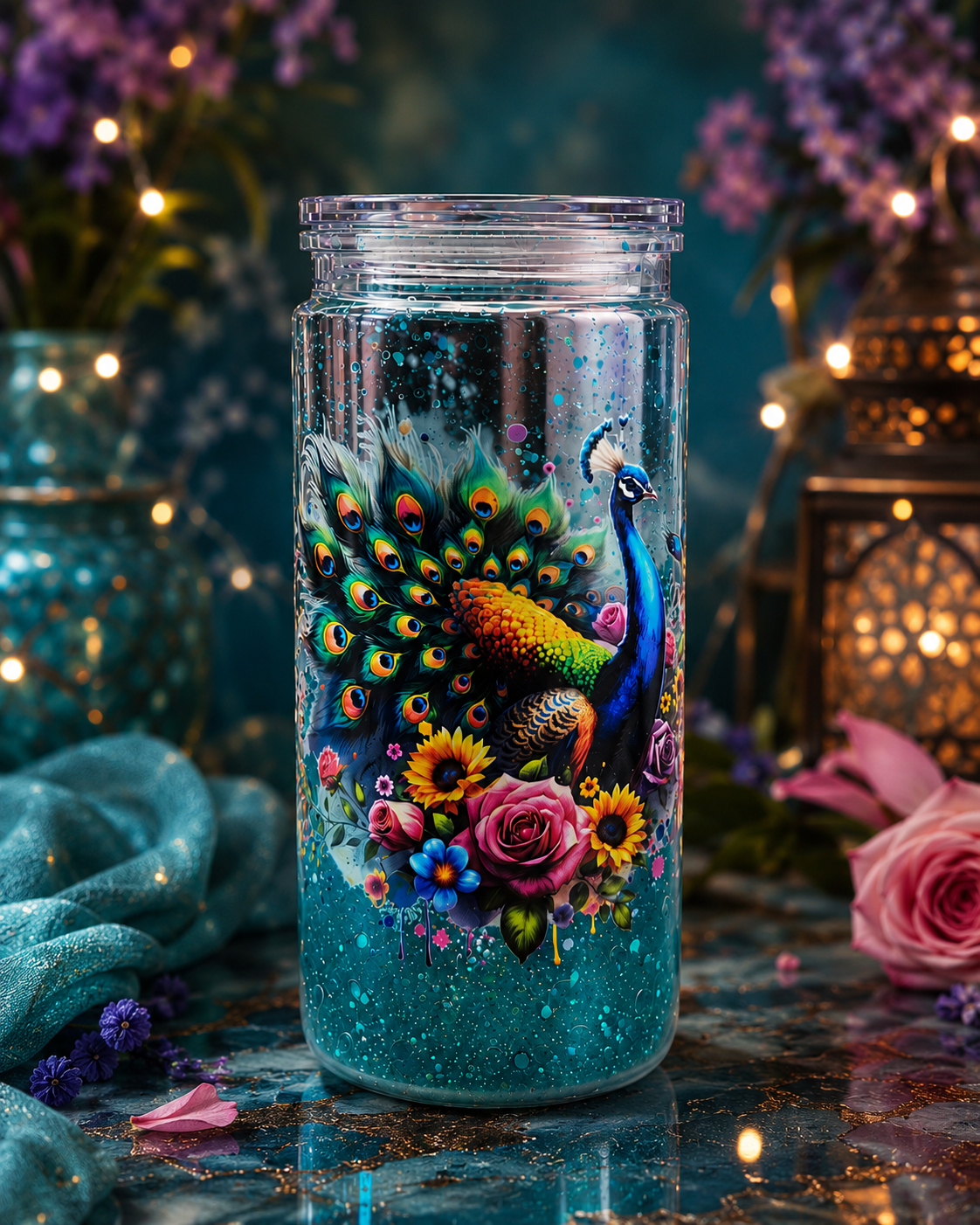 Peacock Bloom Snow Globe Tumbler – 20oz one of a kind