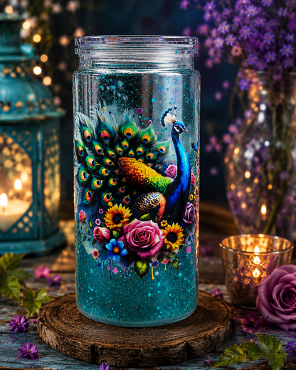 Peacock Bloom Snow Globe Tumbler – 20oz one of a kind